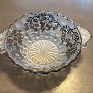 New Martinsville Glass 6" Handled Bowl with Floral Pattern Silver Overlay